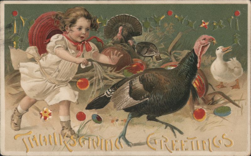 Thanksgiving Greetings - Girl with Red Hat Chasing Turkey