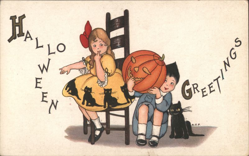 Halloween Greetings, Girl, Boy with JOL, and Black Cat