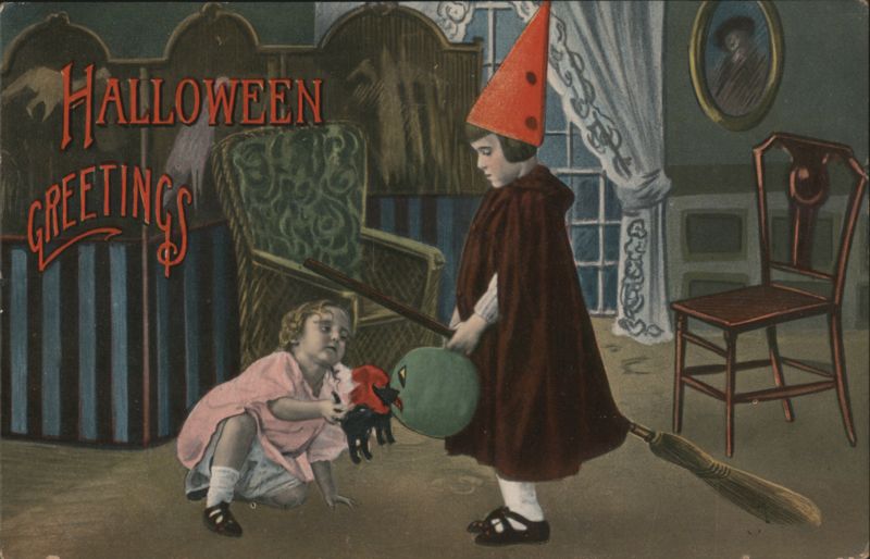 Halloween Greetings, Children with Witch on Broom