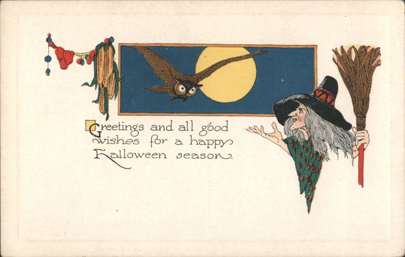 Witch with Broom, Owl, and Corn Halloween