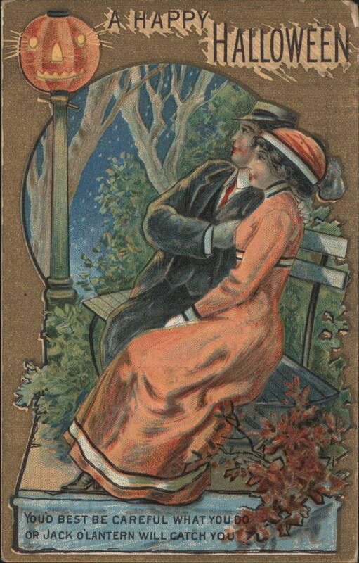 A Happy Halloween: Couple on Bench, Jack O'Lantern