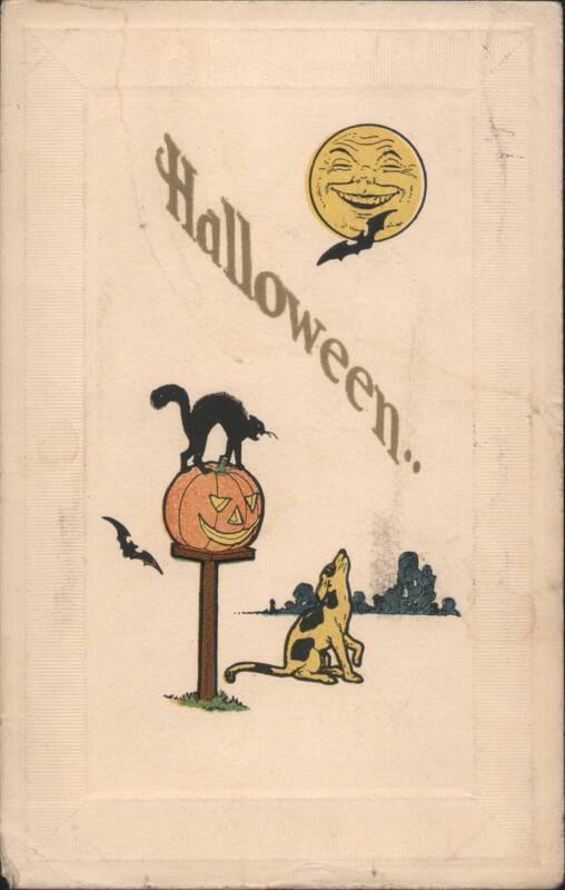 Halloween. Black Cat on JOL, Dog, Moon