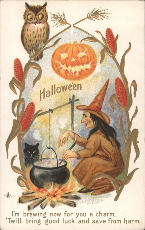 Witch Brewing a Charm with Black Cat, Owl, and JOL