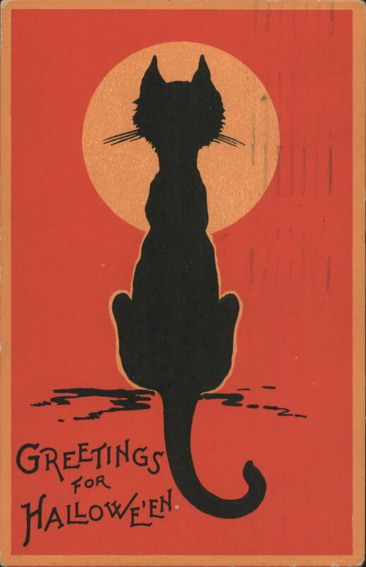 Black Cat with Full Moon, Greetings for Hallowe'en