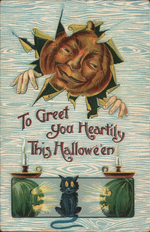 JOL Bursting Through Wall, Black Cat, Halloween Greeting