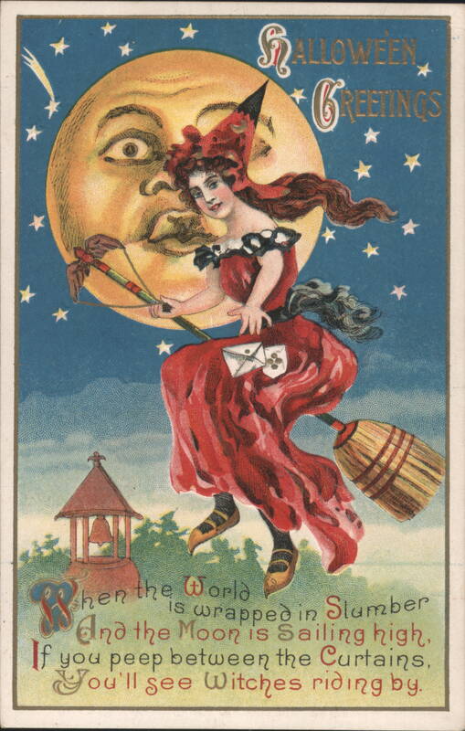 Halloween Greetings, Woman in Red Riding Broom, Moon