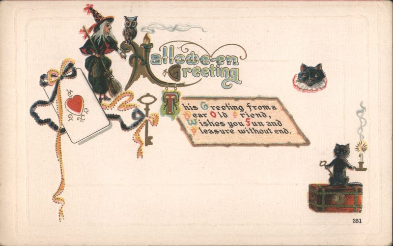 Halloween Greeting, Witch, Owl, Black Cat