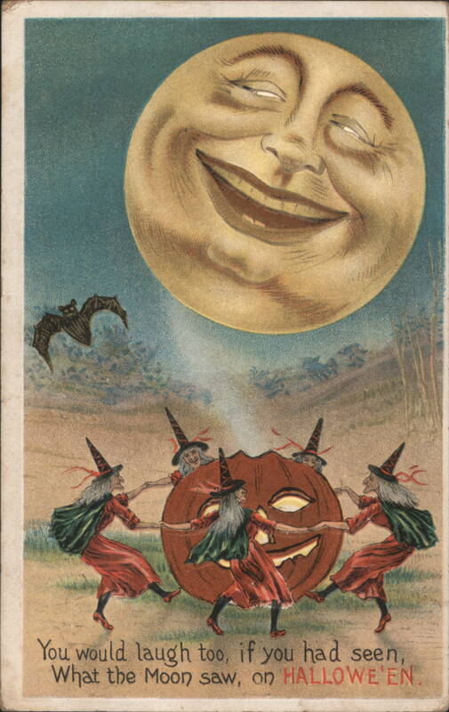 Witches Dancing Around JOL, Moon, Bat Halloween