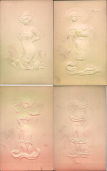Set of 4: Embossed Woman Swimsuit Bathing Beauty Airbrushed Postcard