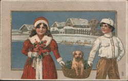 Children and Dog Wishing "A Happy New Year" in Winter Postcard