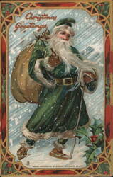 Christmas Greetings, Santa Claus in Green Suit Postcard