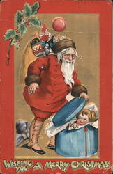 Santa Claus with Doll in Toy Box, 'Wishing You A Merry Christmas' Postcard