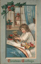 Christmas Greetings, Girl with Toys in Bed, Santa Peeking Postcard