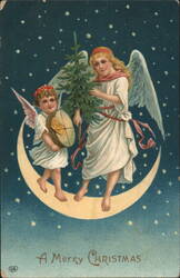 Two Angels on Crescent Moon with Christmas Tree, 'A Merry Christmas' Postcard