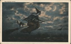 The Salem Witch Riding Broomstick with Black Cat Postcard