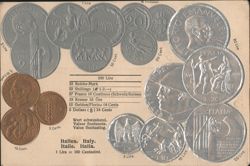 Embossed Display of Italian Lira and Centesimi Coins with Currency Table Postcard