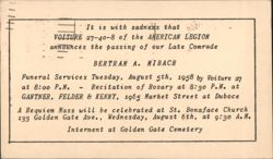 Bertram A. Mibach Funeral Announcement, American Legion, San Francisco, 1958 Postcard