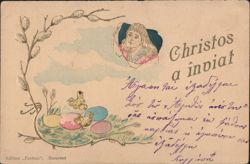 Romanian Easter Card 'Christos a înviat' with Chicks, Eggs, and Jesus Postcard