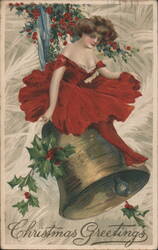 Christmas Greetings, Woman in Red Dress on Bell with Holly Postcard