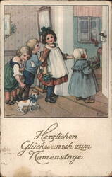 Children with Dog at Door, German Name Day Greeting Postcard
