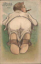 Gruss Aus: Caricature of Man from Behind Smoking Cigar Postcard