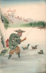 Fisherman and Ducks Collage of US Currency, Asian Art Style Postcard