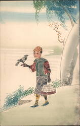 Boy with Bird and Cage, Asian Art Style Postcard