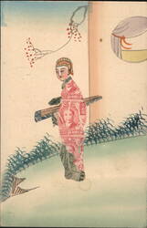 Woman in Chinese Stamp Collage Robe Playing Stringed Instrument Postcard