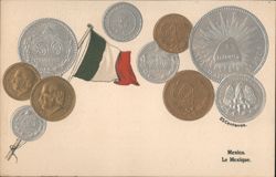 Mexican Coins and Flag, Souvenir from Tom P Weston, Mexico City Postcard