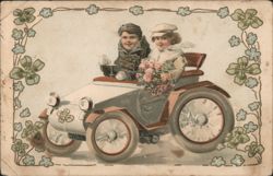 Boy and Girl in Toy Car with Bouquet Postcard