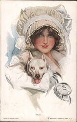 Pals - Woman in Bonnet Holding a White Dog Postcard