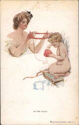 In the Toils - Woman and Cupid with Red Yarn Postcard