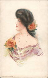 Elegant Woman in Profile with Roses Postcard