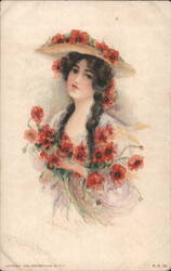 Woman with Braids in Poppy-Adorned Hat, Holding Flowers and Wheat Postcard
