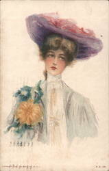 Woman in Large Purple Hat Holding Flowers Postcard