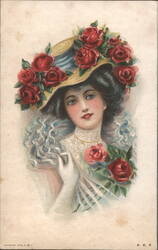 Woman with Rose-Adorned Hat and Lace Collar Postcard