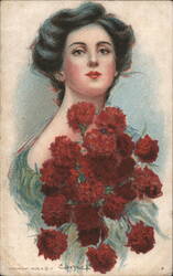 Woman Holding a Bouquet of Red Carnations Postcard