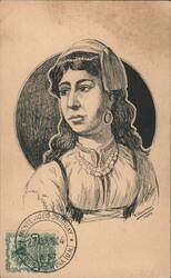 Woman with Headscarf and Beaded Necklace, Sketch by F. Quintans, 1904 Postcard
