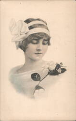 Woman with White Bow Headband Holding Rose Postcard