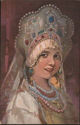 Russian Woman in Traditional Kokoshnik Headdress and Beaded Necklaces Postcard