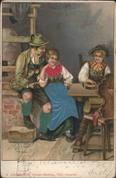 Traditional Austrian Attire: Courting Couple and Observer Postcard