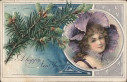 A Happy New Year, Woman in Floral Hat with Evergreen Branches Postcard