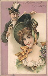 Woman in Large Hat and Man with Top Hat Holding Scroll Postcard