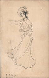 Sketch of Woman in Edwardian Dress and Hat Postcard