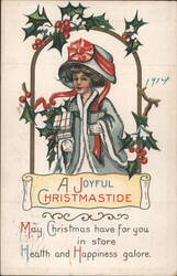 Joyful Christmastide Woman with Gifts and Holly, 1914 Postcard