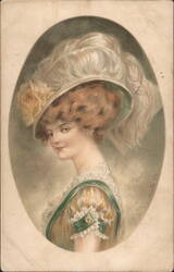 Woman in Large Feathered Hat with Yellow Rose Postcard