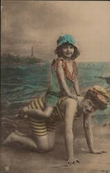 Child Riding on Woman's Back at the Seaside Postcard