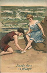 Man Assisting Woman with Shoe at Beach, Ready for a Plunge Postcard