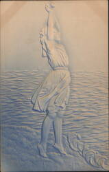 Embossed Art: Woman with Ball by the Sea Postcard