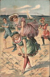 Women in Early Swimwear, Piggyback Fun on the Beach Postcard